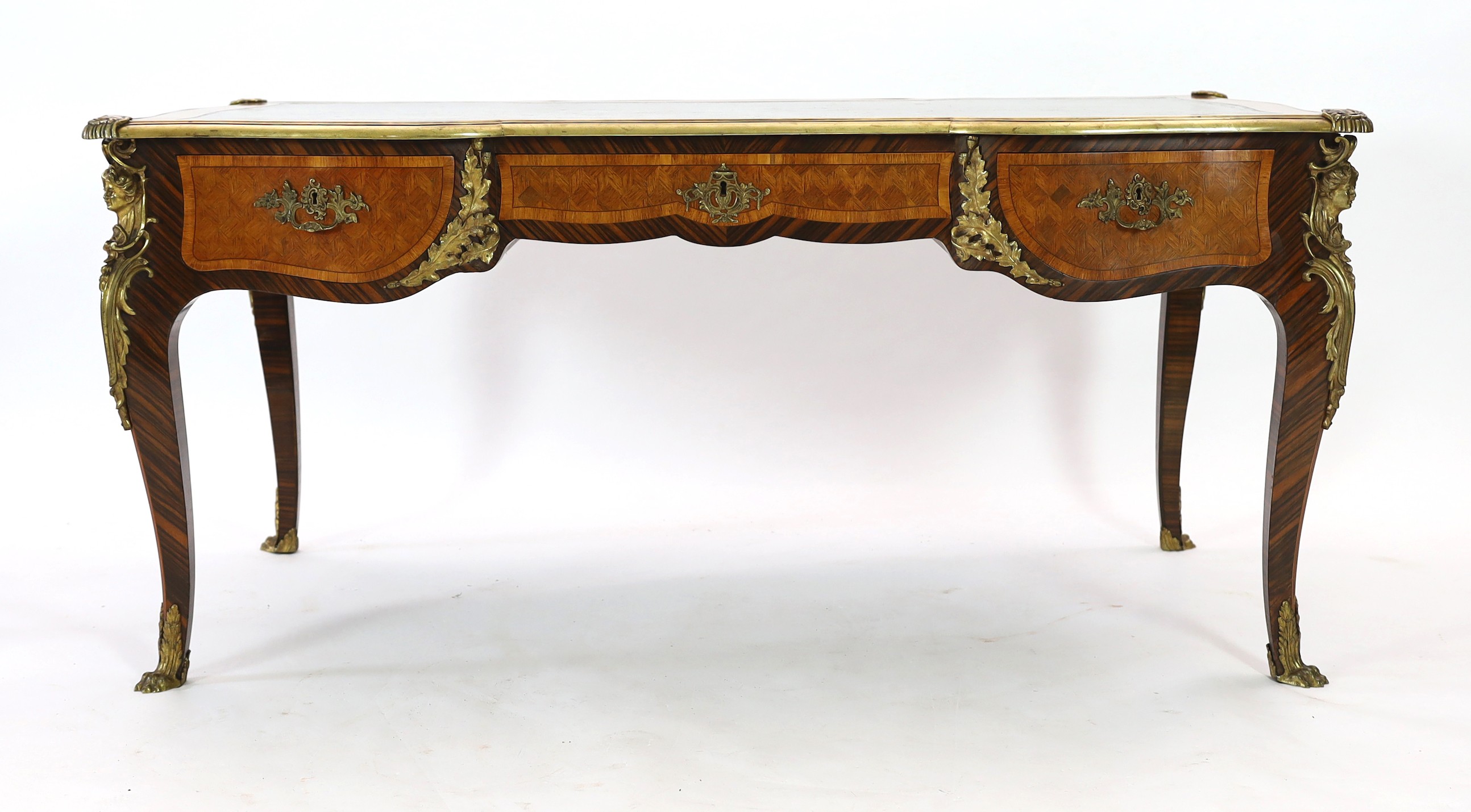 A Louis XVI style kingwood and parquetry bureau plat 166 x 90cm. Height 78cm.